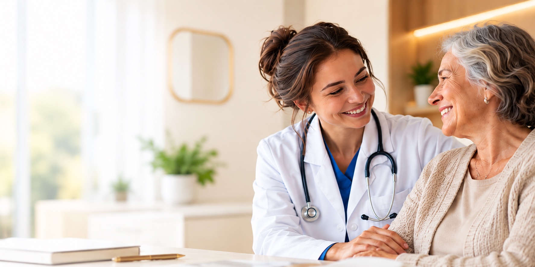 A doctor smiling next to a patient during a consultation